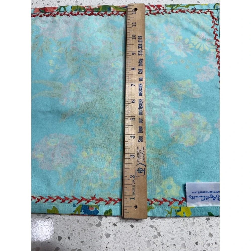April Cornell Placemats Set‎ of 2 Blue Floral Cotton EUC Whipstitch 19x13 Boho